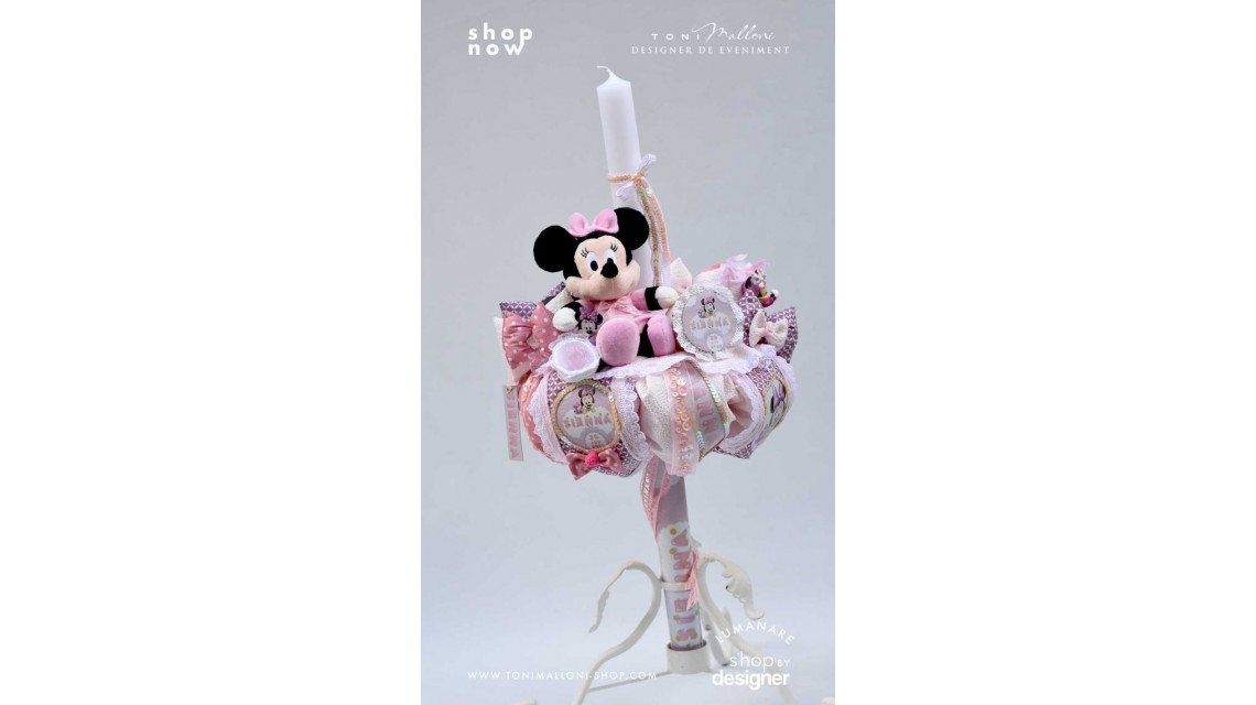 Lumanare cu Minnie Mouse Racer personalizata cu paiete roz si lila 1